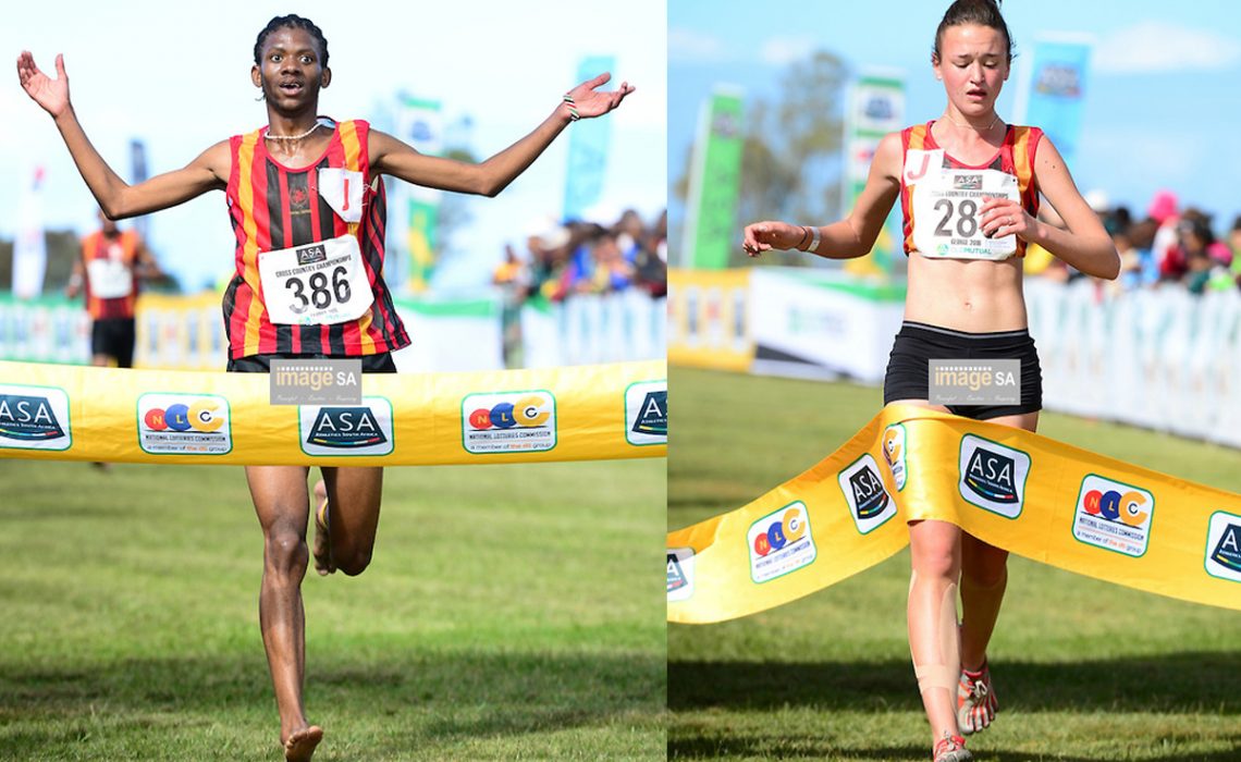 Ikangeng Gaorekwe of Central Gauging Athletics (CGA) wins the junior men 8km and Nicole van der Merwe of Central Gauteng Athletics (CGA) wins the junior women 8km during the 2016 South African Cross Country Championships held at The Olympia School of Skills in Pacaltsdorp on September 10, 2016 in George, South Africa. (Photo by Roger Sedres/Gallo Images)