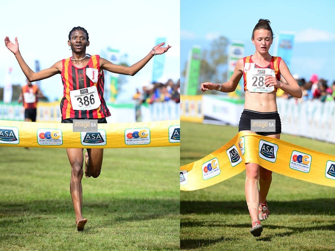 Ikangeng Gaorekwe of Central Gauging Athletics (CGA) wins the junior men 8km and Nicole van der Merwe of Central Gauteng Athletics (CGA) wins the junior women 8km during the 2016 South African Cross Country Championships held at The Olympia School of Skills in Pacaltsdorp on September 10, 2016 in George, South Africa. (Photo by Roger Sedres/Gallo Images)