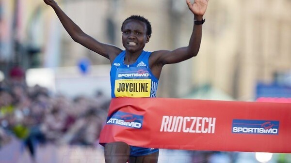 Kenya’s Joyciline Jepkosgei winning after setting four world records at the 2017 Sportisimo Prague Half Marathon / Photo Credit: Organisers/Jiro M.