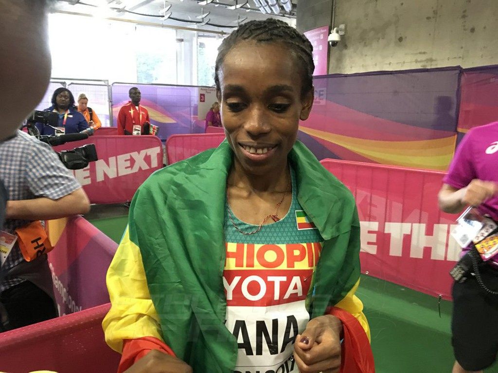 Almaz Ayana of Ethiopia after the women's 5000m final - IAAF World Championships, London 2017 / Photo Credit: Yomi Omogbeja - AthleticsAfrica.com