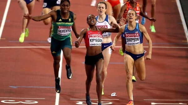 Kenya's Faith Kipyegon and Caster Semenya on the line during the women's 1500m final in London 2017