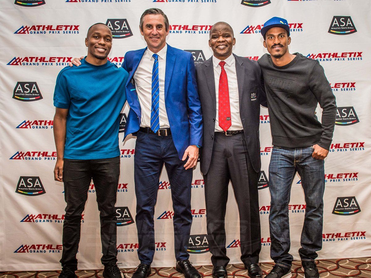 (from left to right): Akani Simbine (athlete), Michael Meyer (Managing Director of Stillwater Sports), Aleck Skhosana (President of ASA) and Henricho Bruintjies (athlete). Photo Credit: Tobias Ginsberg