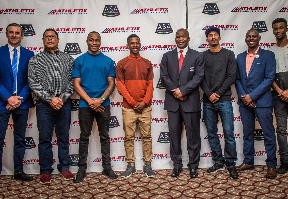 (from left to right): Michael Meyer (Managing Director of Stillwater Sports), Pieter Lourens (ASA Chair Track & Field), Akani Simbine (athlete), Retshiditswe Mlenga (athlete), Aleck Skhosana (President of ASA), Henricho Bruintjies (athlete), Hezekiel Sepeng (ASA Excellence Manager) and Anaso Jobodwana (athlete). Photo Credit: Tobias Ginsberg