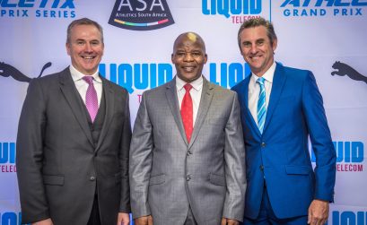 (from left to right): Kyle Whitehall (Liquid Telecom South Africa Chief Executive Officer), Aleck Skhosana (the president of Athletics South Africa) and Michael Meyer (Managing Director of Stillwater Sports). Photo Credit: Tobias Ginsberg