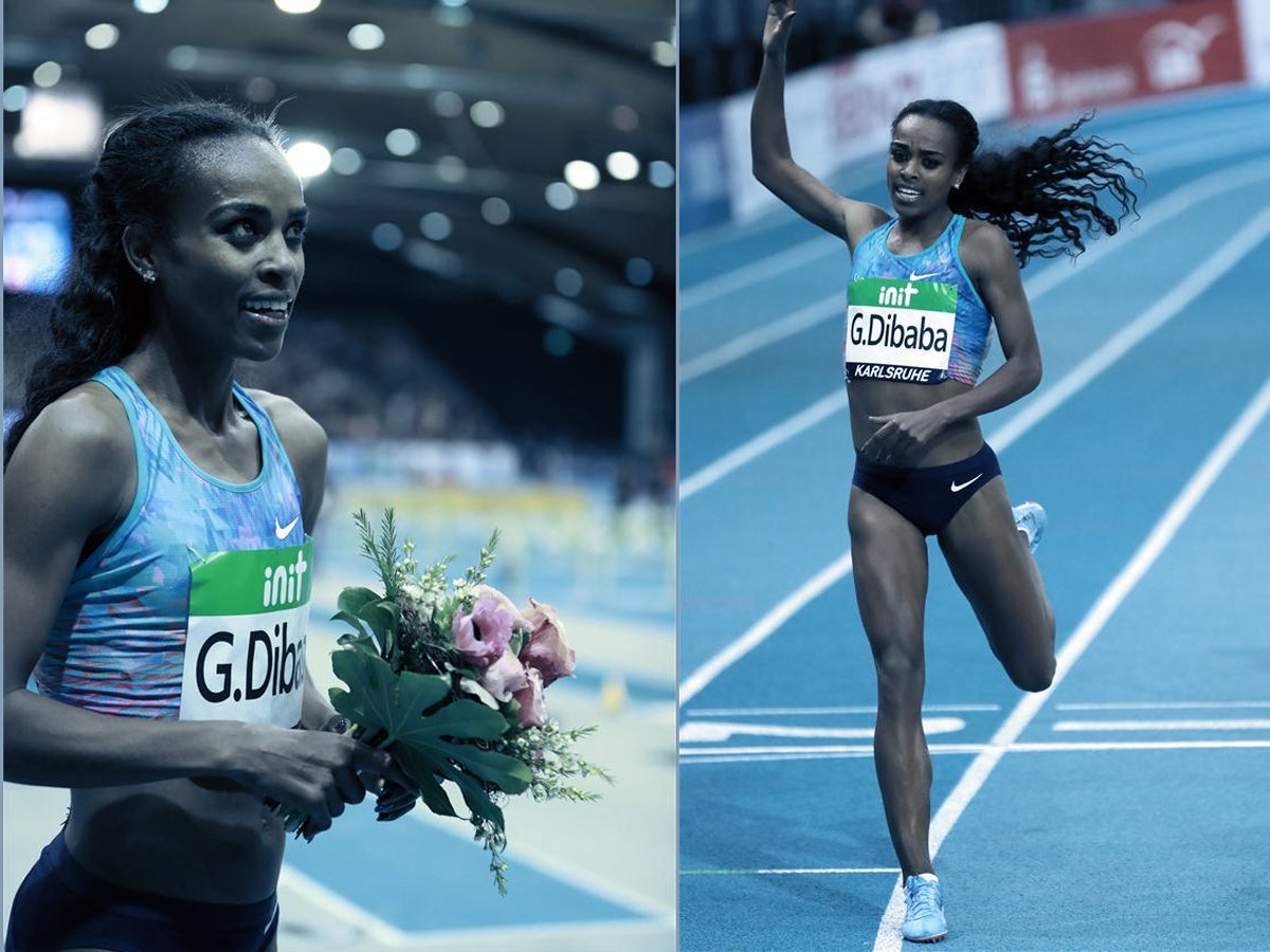 Genzebe Dibaba of Ethiopia celebrates after winning Women's 1500m final of the 2018 IAAF World Indoor Tour in Karlsruhe, Germany, on 3 February, 2018. (Xinhua/Luo Huanhuan)
