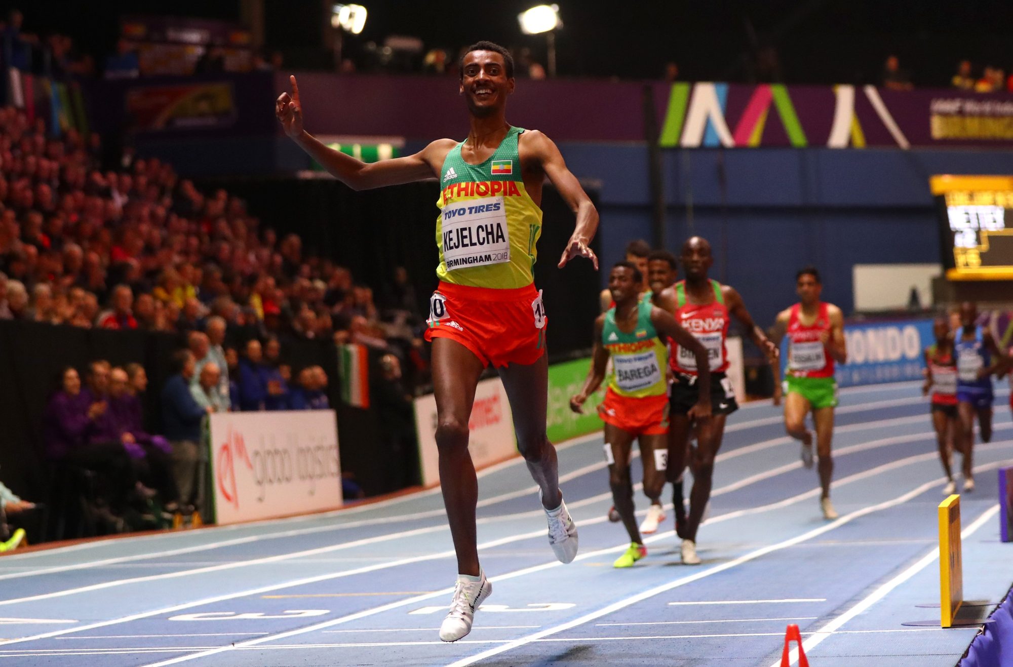 Gold Medallist, Yomif Kejelcha of Ethopia celebrates winning the Mens 3000 Metres Final during the IAAF World Indoor Championships on Day Four at Arena Birmingham on March 4, 2018 in Birmingham, England. (Photo by Michael Steele/Getty Images for IAAF)