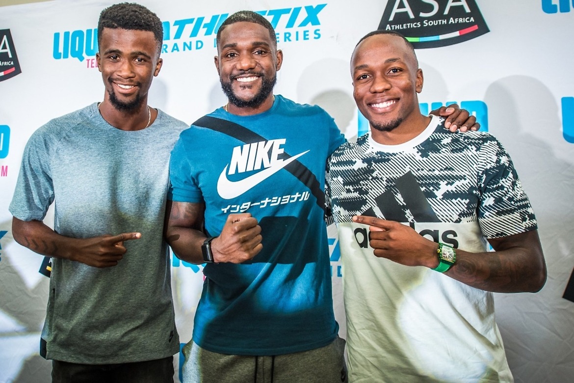 Anaso Jobodwana, Justin Gatlin and Akani Simbine. Photo Credit: Tobias Ginsberg