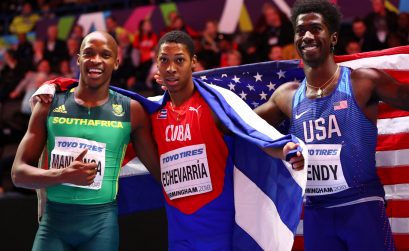 Juan Miguel Echevarria (C) of Cuba celebrates winning the Long Jump Mens Final with Luvo Manyonga (L) and Marquis Dendy (R) of United States during the IAAF World Indoor Championships on Day Two at Arena Birmingham on March 2, 2018 in Birmingham, England. credit: Photo by Michael Steele/Getty Images for IAAF