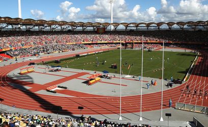 Spectators watching Athletics at the Gold Coast 2018 Commonwealth Games venue - the Carrara Stadium.