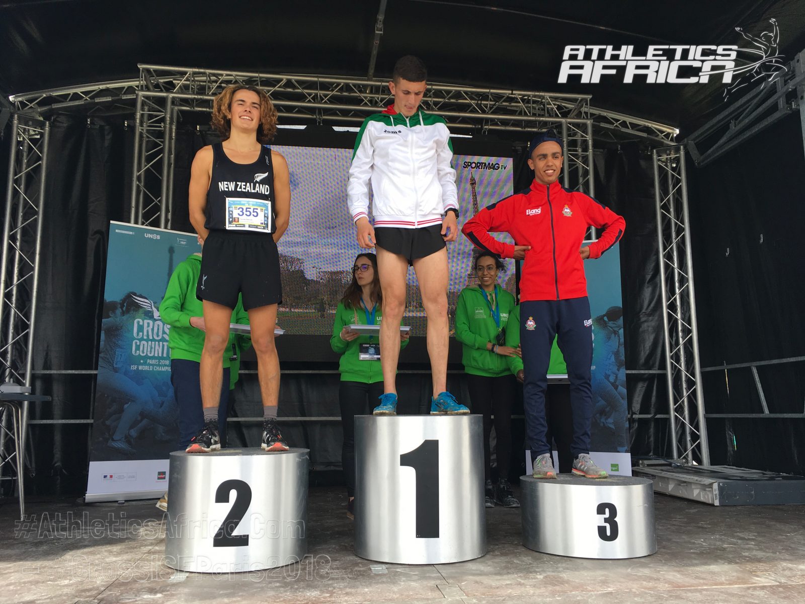 Selected Boys podium at the 2018 International School Sport Federation World School Championship (WSC) Cross Country in Paris on Wednesday 4 April / Photo credit: Yomi Omogbeja