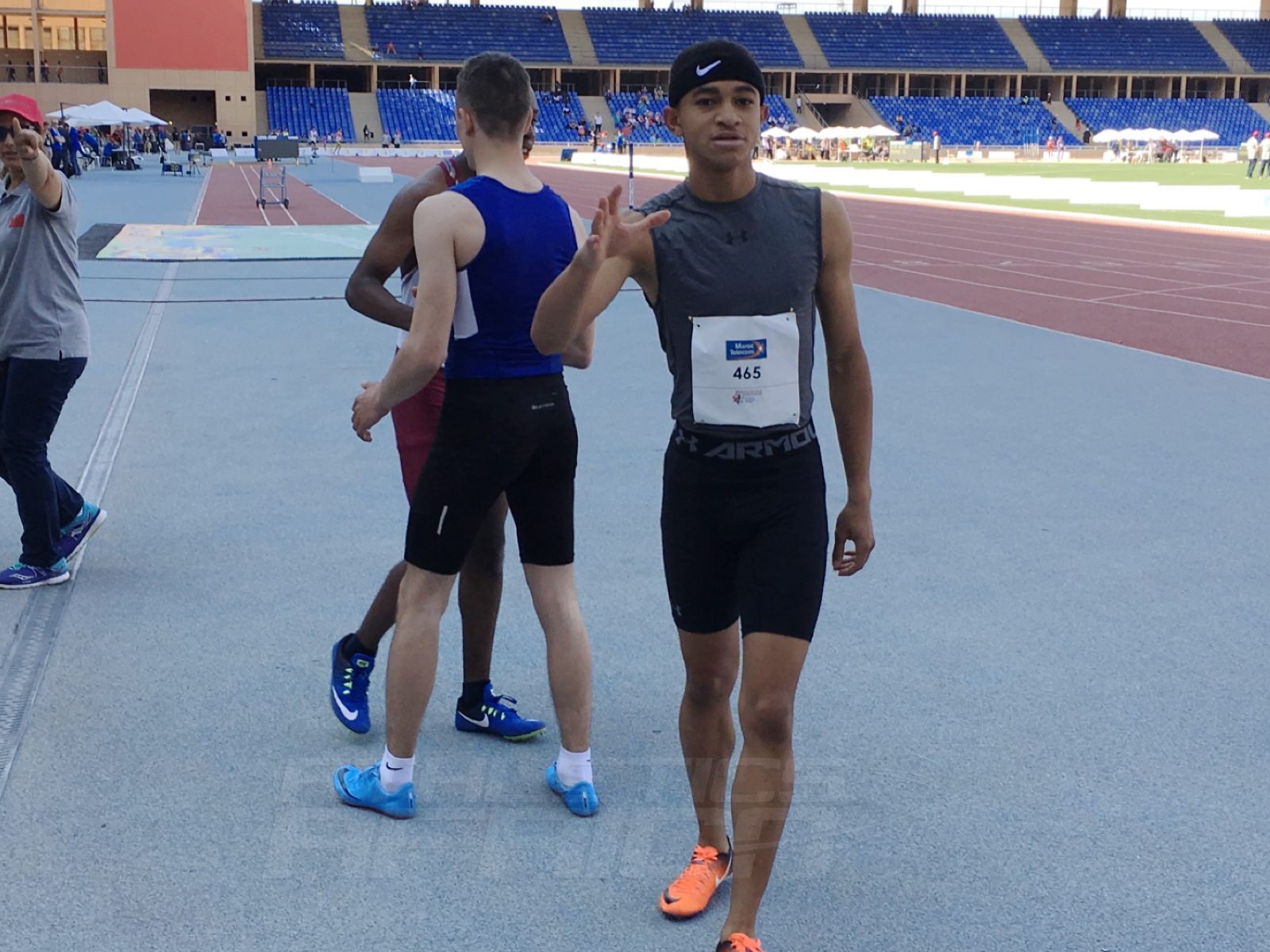 Athlete pose for photo after running in the Boys 100m preliminaries at the Gymnasiade 2018 in Marrakech / Photo Credit: Yomi Omogbeja
