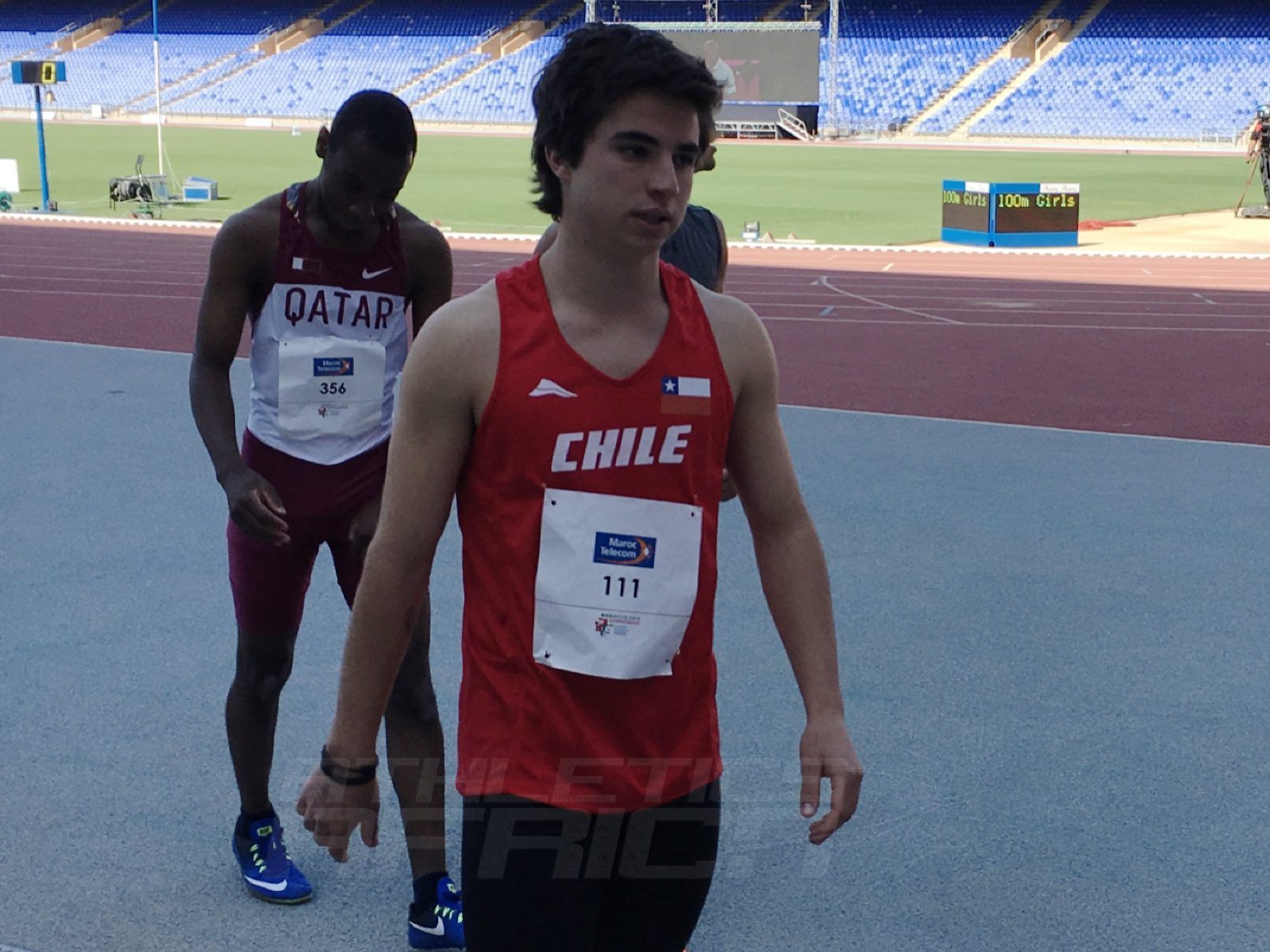 A Chilean Athlete after running in the Boys 100m preliminaries at the Gymnasiade 2018 in Marrakech / Photo Credit: Yomi Omogbeja