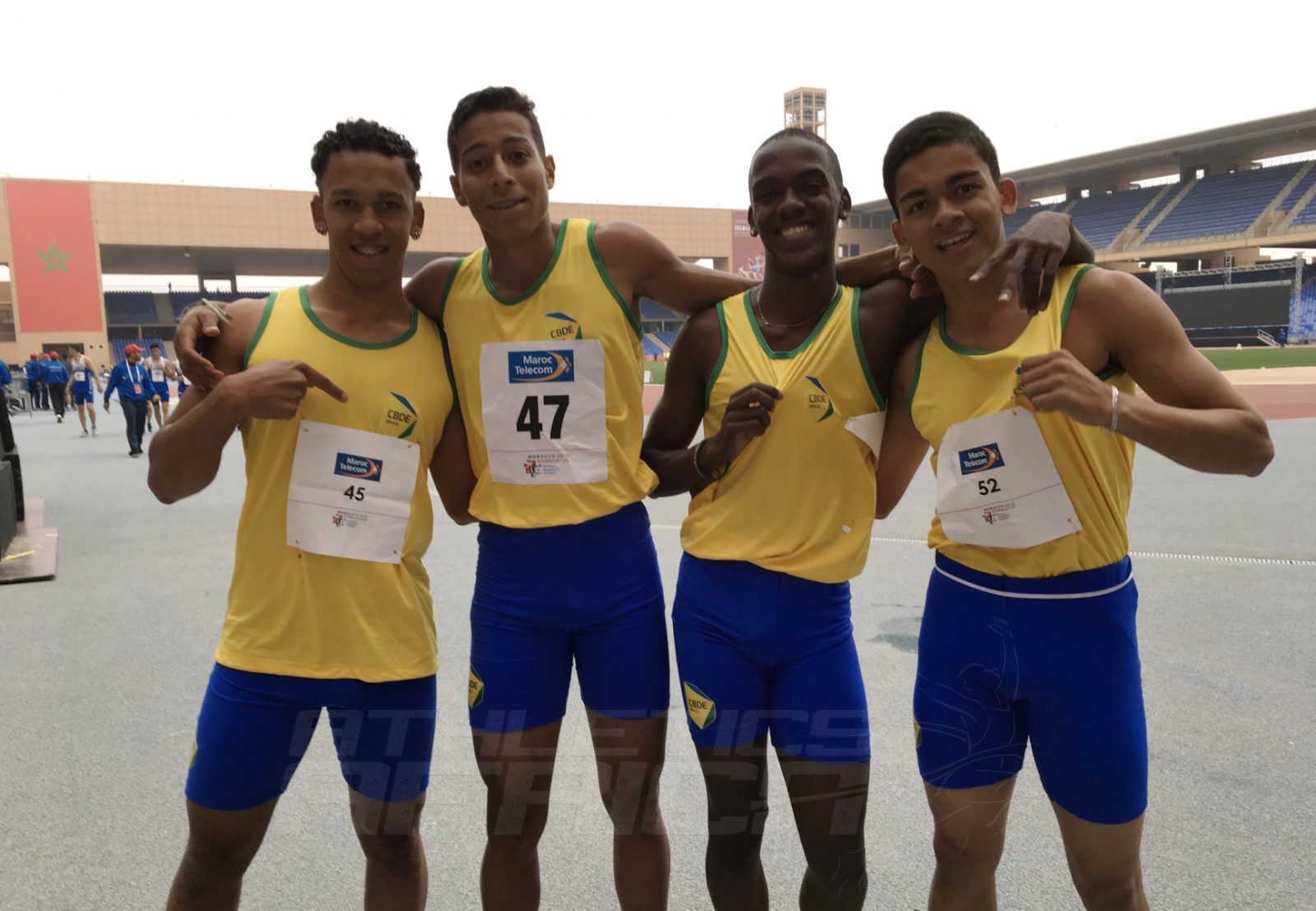 The Brazilian quartet in the Boys 4x100m final at Gymnasiade 2018 in Marrakech / Photo Credit: Yomi Omogbeja