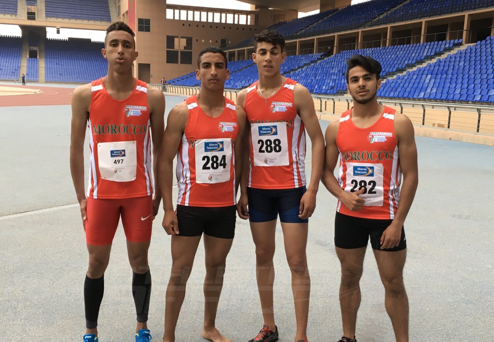 The Moroccan quartet after the Boys 4x100m final at Gymnasiade 2018 in Marrakech / Photo Credit: Yomi Omogbeja