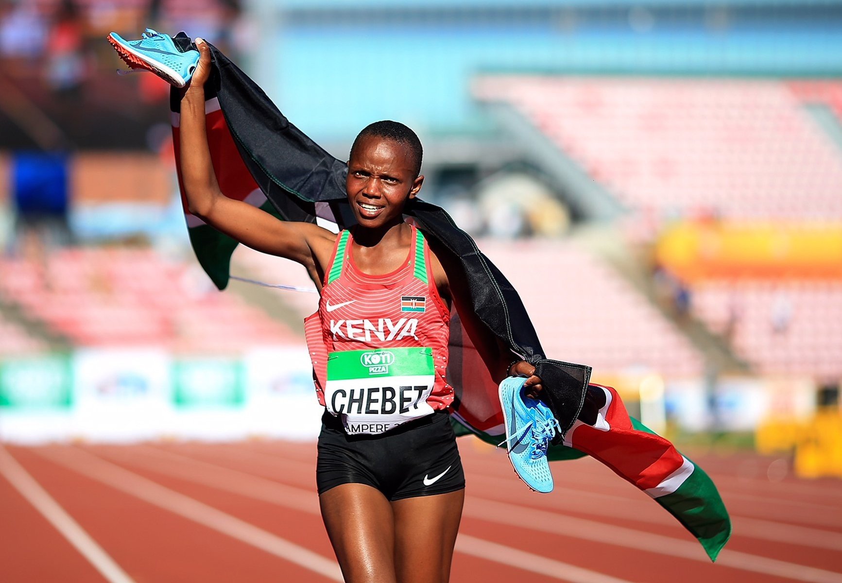 Beatrice Chebet of Kenya celebrates winning the women's 5000m at the IAAF World U20 Championships Tampere 2018 (Getty Images for the IAAF)