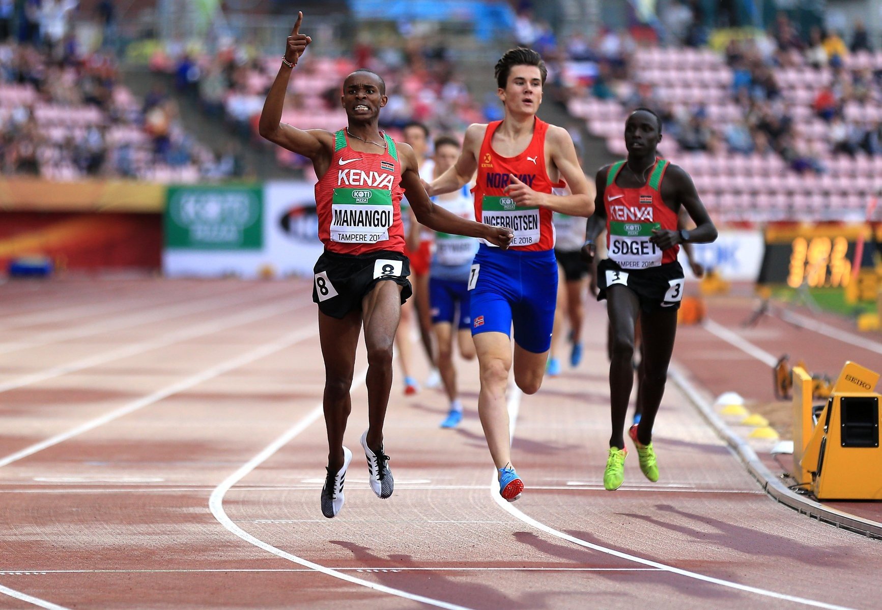 Kenya's George Manangoi wins the Men's 1500m at the IAAF World U20 Championships Tampere 2018 / Photo Credit: Getty Images for IAAF