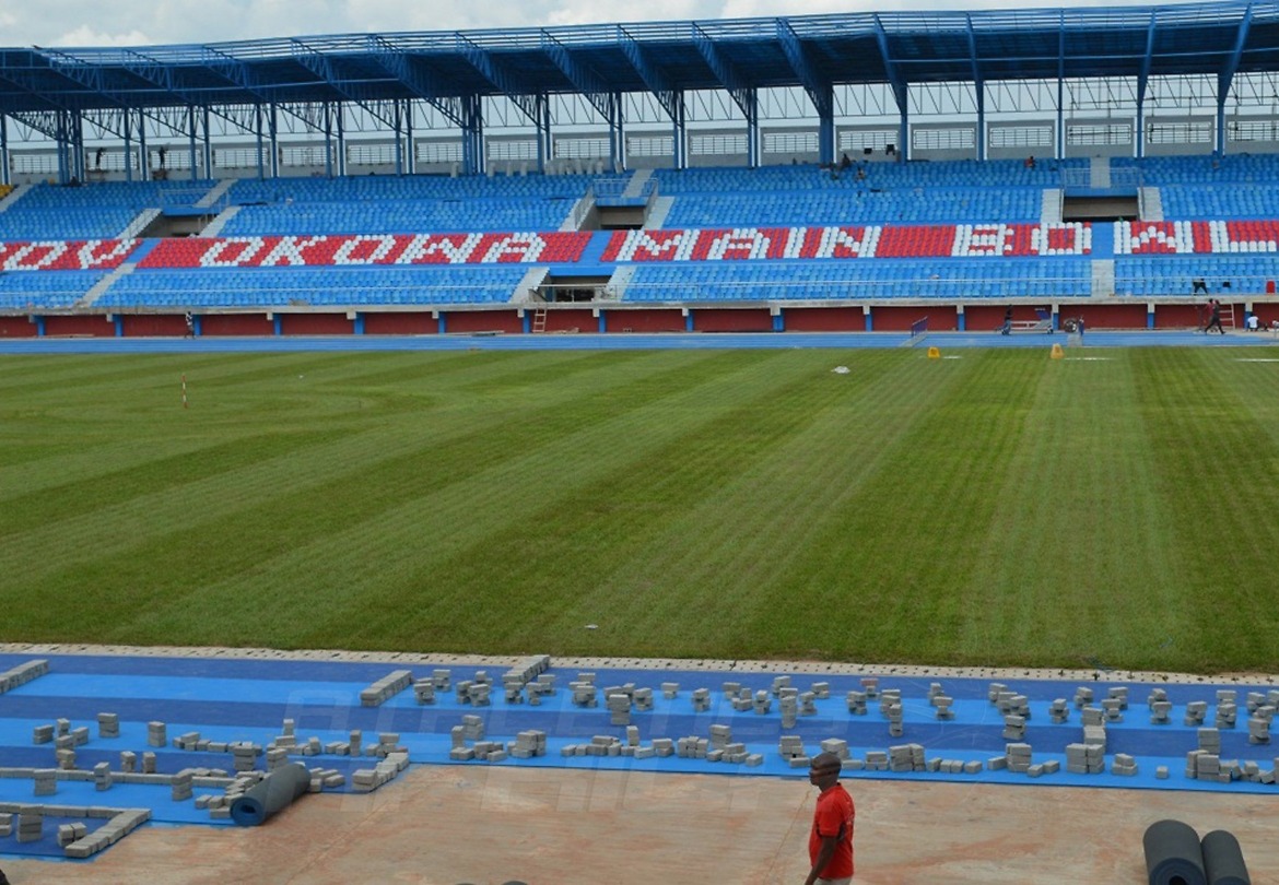 Laying of tracks in the mainbowl of the Stephen Keshi Stadium, venue of the CAA Asaba 2018 African Senior Championships on Tuesday 10 July, 2018 / Photo Credit: Asaba 2018 LOC