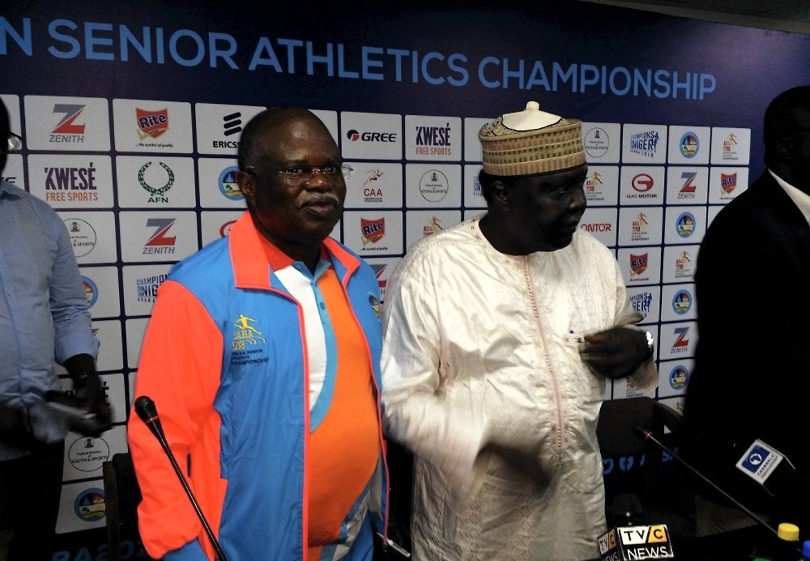 CAA President Hamad Kalkaba Malboum and Asaba 2018 LOC Chairman Solomon Ogba addressing the press at the joint LOC/CAA press Conference in Asaba, Nigeria - 30 July 2018. / Photo credit: LOC