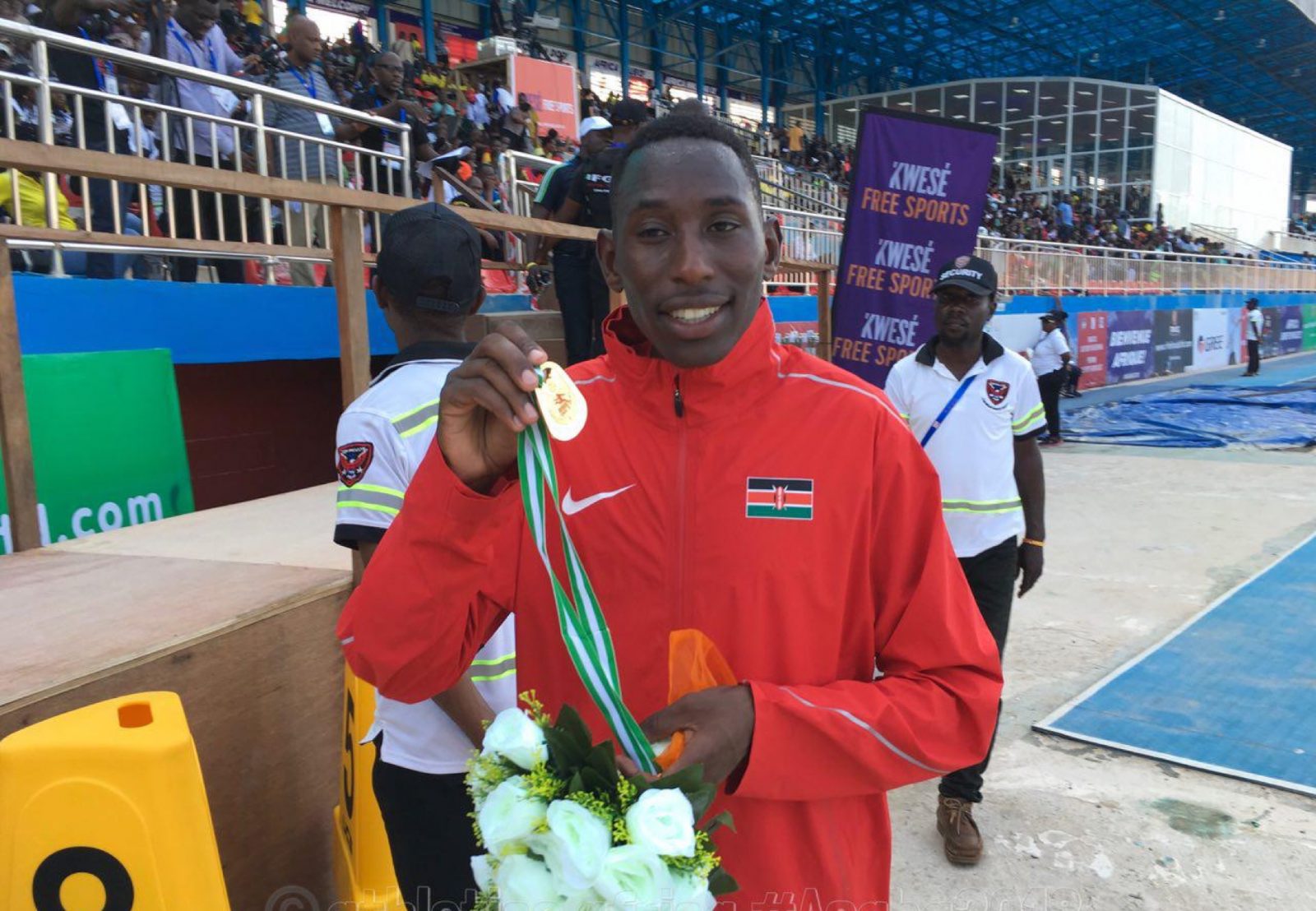Conseslus Kipruto of Kenya celebrates after taking the men's 3000m Steeplechase Gold medal at the 2018 African Senior Championships in Asaba / Photo credit: Yomi Omogbeja