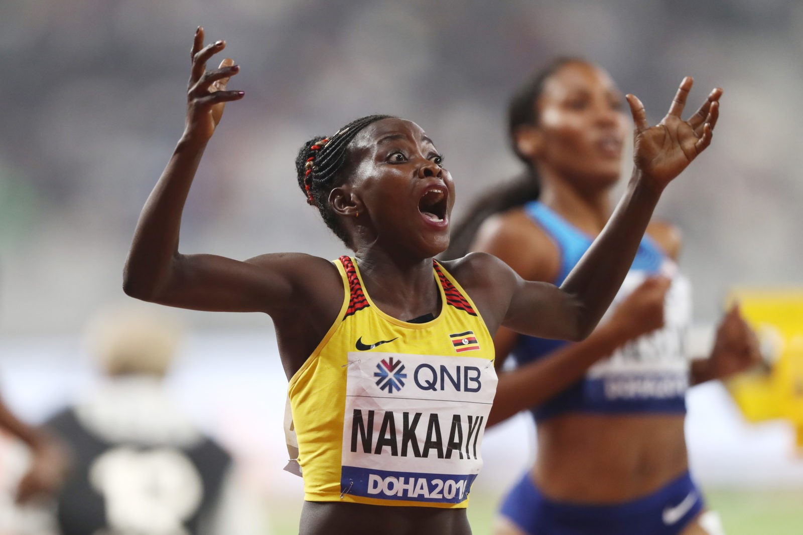 Halimah Nakaayi of Uganda celebrates winning gold in the Women's 800 metres final during day four of 17th IAAF World Athletics Championships Doha 2019 at Khalifa International Stadium on September 30, 2019 in Doha, Qatar. (Photo by Alexander Hassenstein/Getty Images for IAAF)