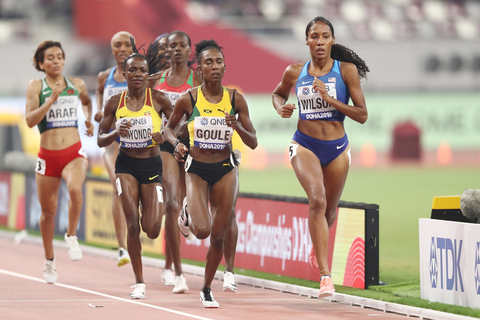 Halimah Nakaayi of Uganda and Ajee Wilson of the United States competes in the Women's 800 metres final during day four of 17th IAAF World Athletics Championships Doha 2019 at Khalifa International Stadium on September 30, 2019 in Doha, Qatar. (Photo by Andy Lyons/Getty Images for IAAF)