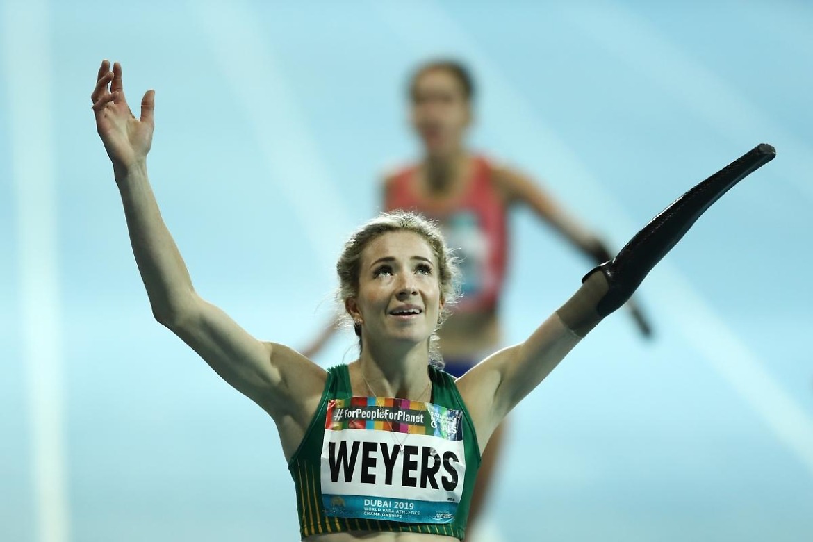 Anrune Weyers celebrates South Africa's first gold medal at Dubai 2019 in the women's 400m T47 ?Bryn Lennon/Getty Images
