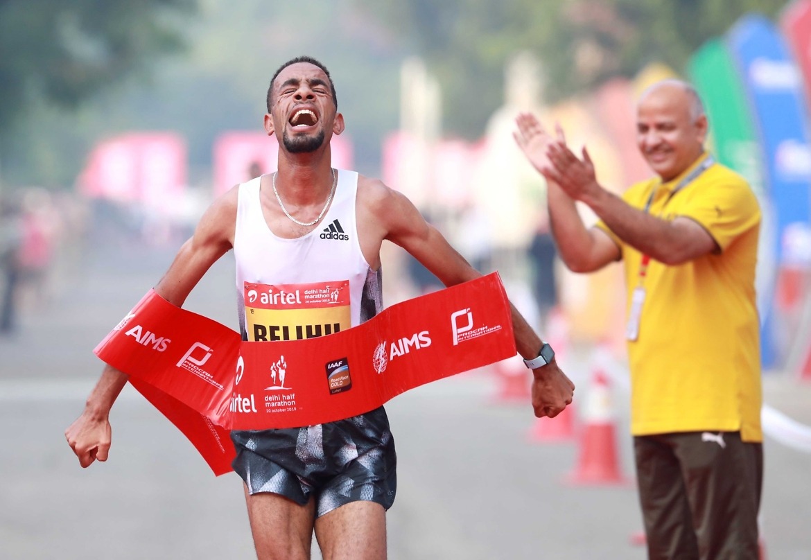 Ethiopia's Andamlak Belihu wins at the Airtel Delhi Half Marathon 2019 / Photo credit: Procam International