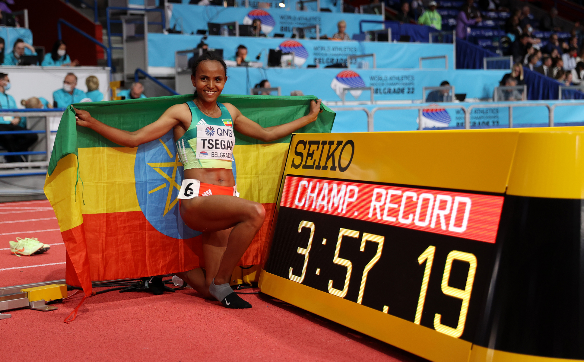 Ethiopian Guday Tsegay smashed the Championships Record to win the women's 1500m in Belgrade 22 / Credit: Getty Images for World Athletics