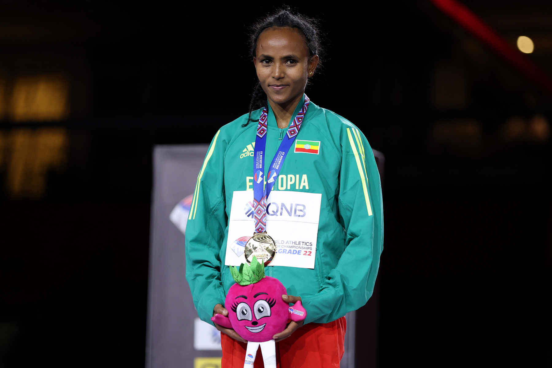 Ethiopian Guday Tsegay on the podium in Belgrade 22 / Credit: Getty Images for World Athletics