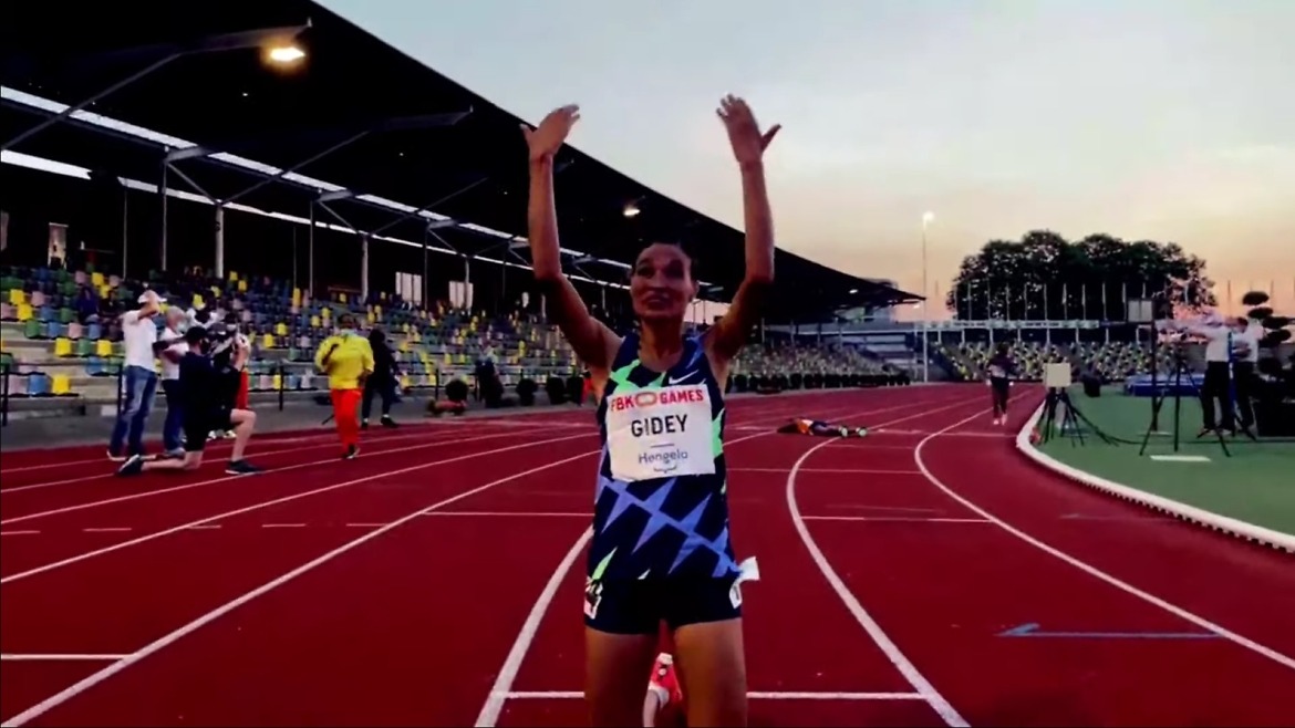 Letesenbet Gidey after breaking the world 10,000m record in Hengelo (© Global Sports Communication