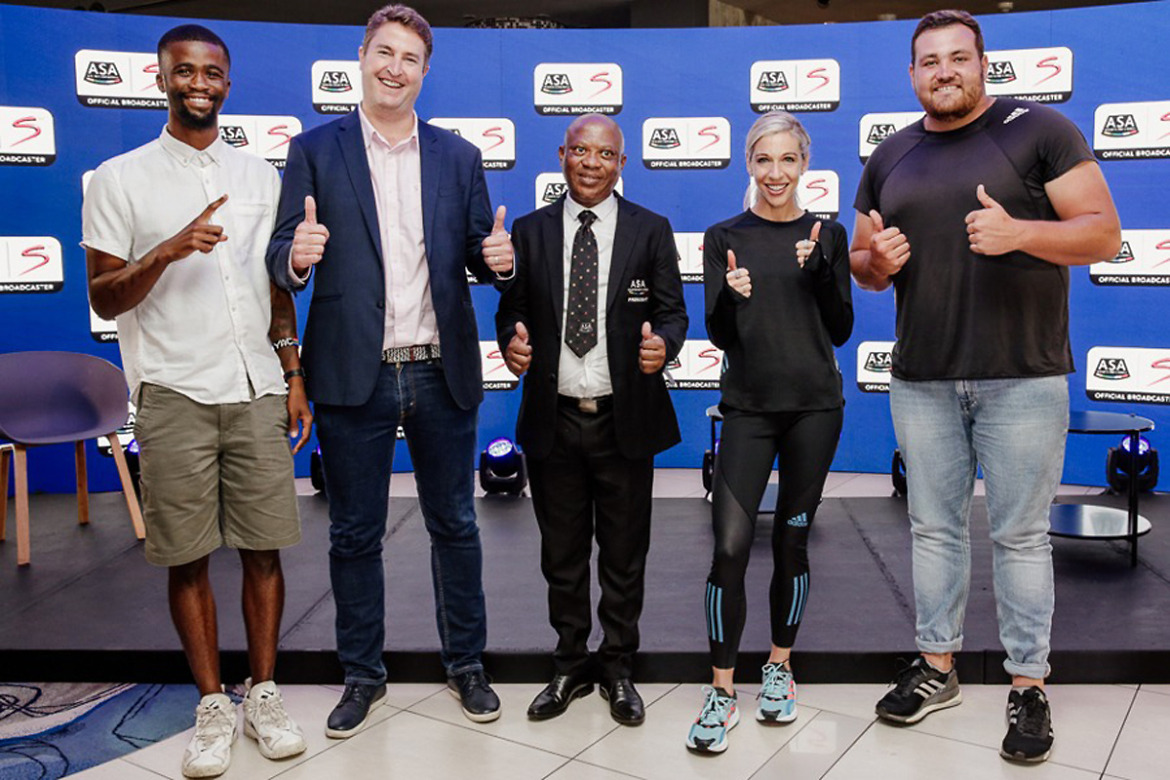 Anaso Jobodwana (athlete), Marc Jury, the Chief Executive of SuperSport, James Moloi (President of ASA), Gerda Steyn (athlete), Kyle Blignaut (athlete)