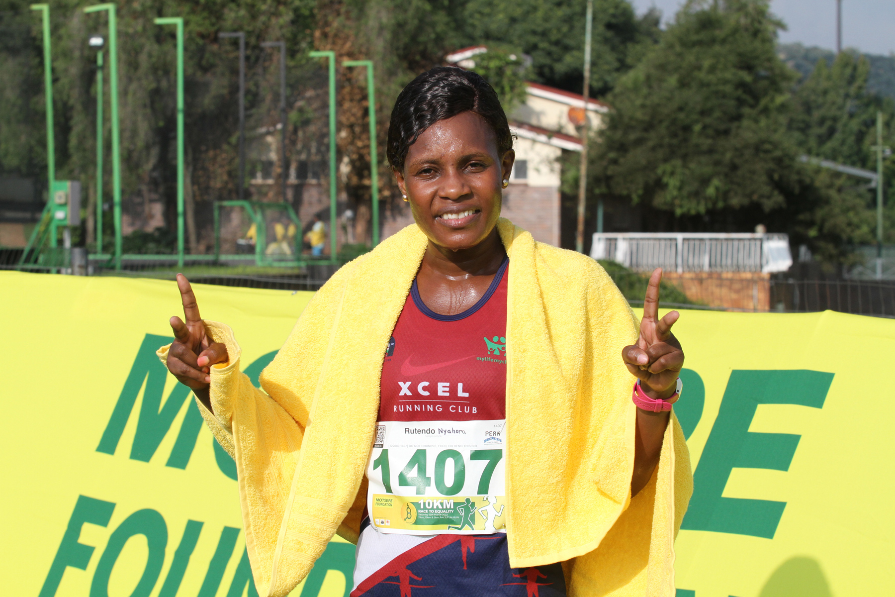 Cacisile Sosibo (Boxer AC) winning the RACE TO EQUALITY 10km race in 33:14 / Credit: Tladii Khuele / ASA
