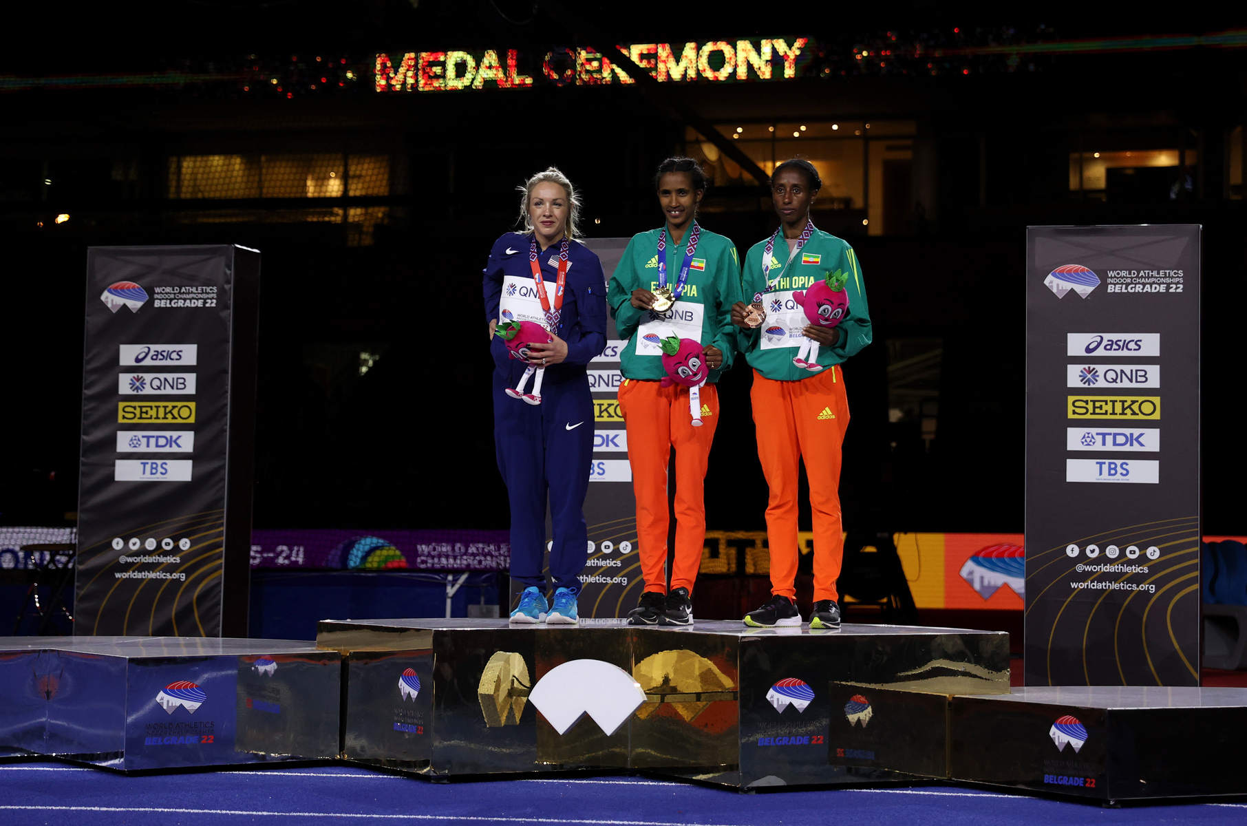 Ethiopian Lemlem Hailu on the podium in Belgrade 22 / Credit: Getty Images for World Athletics