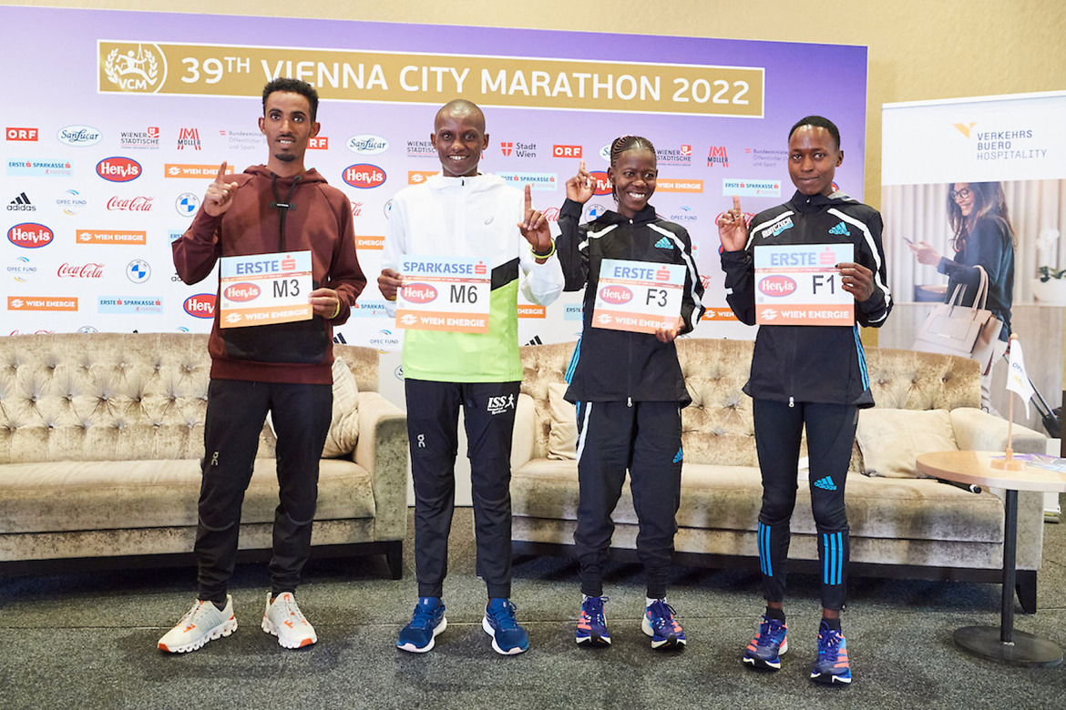 Oqbe Kibrom, Cosmas Muteti, Ruth Chebitok and Vibian Chepkirui (left to right) during the press conference in Vienna / Photo credit: VCM / Leo Hagen