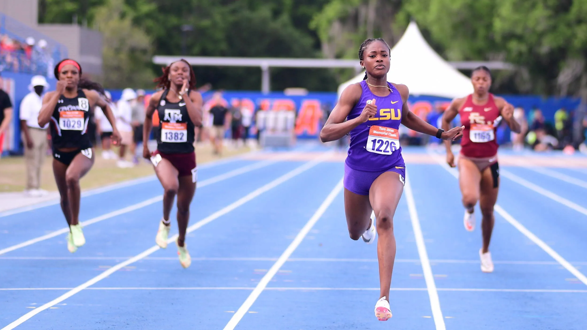 Nigerian Favour Ofili winning the women's 200m inside the James G. Pressly Stadium on Friday April 16, 2022 / Credit: LSU Track and Field