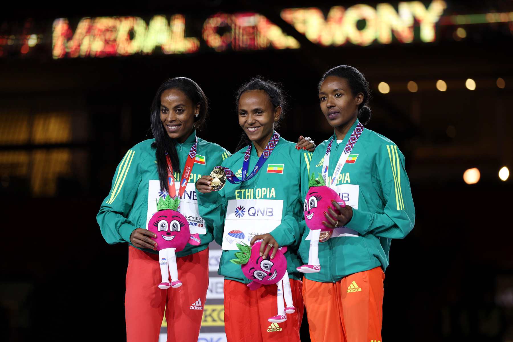 Ethiopians Guday Tsegay, Axumawit Embaye and Hirut Meshesha on the podium / Credit: Getty Images for World Athletics