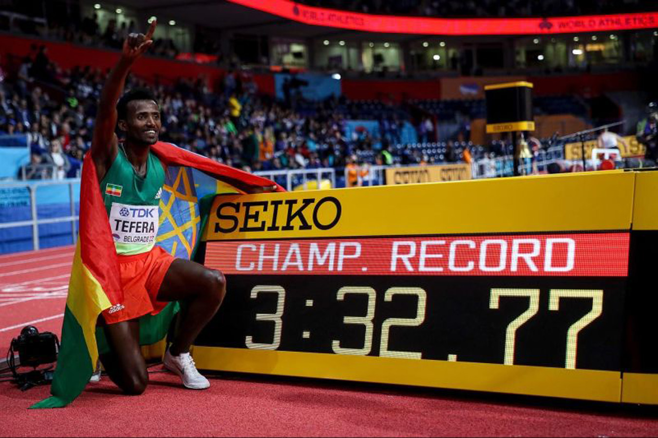 Ethiopian Samuel Tefera smashed the Championships Record to win the men's 1500m in Belgrade 22 / Credit: Getty Images for World Athletics