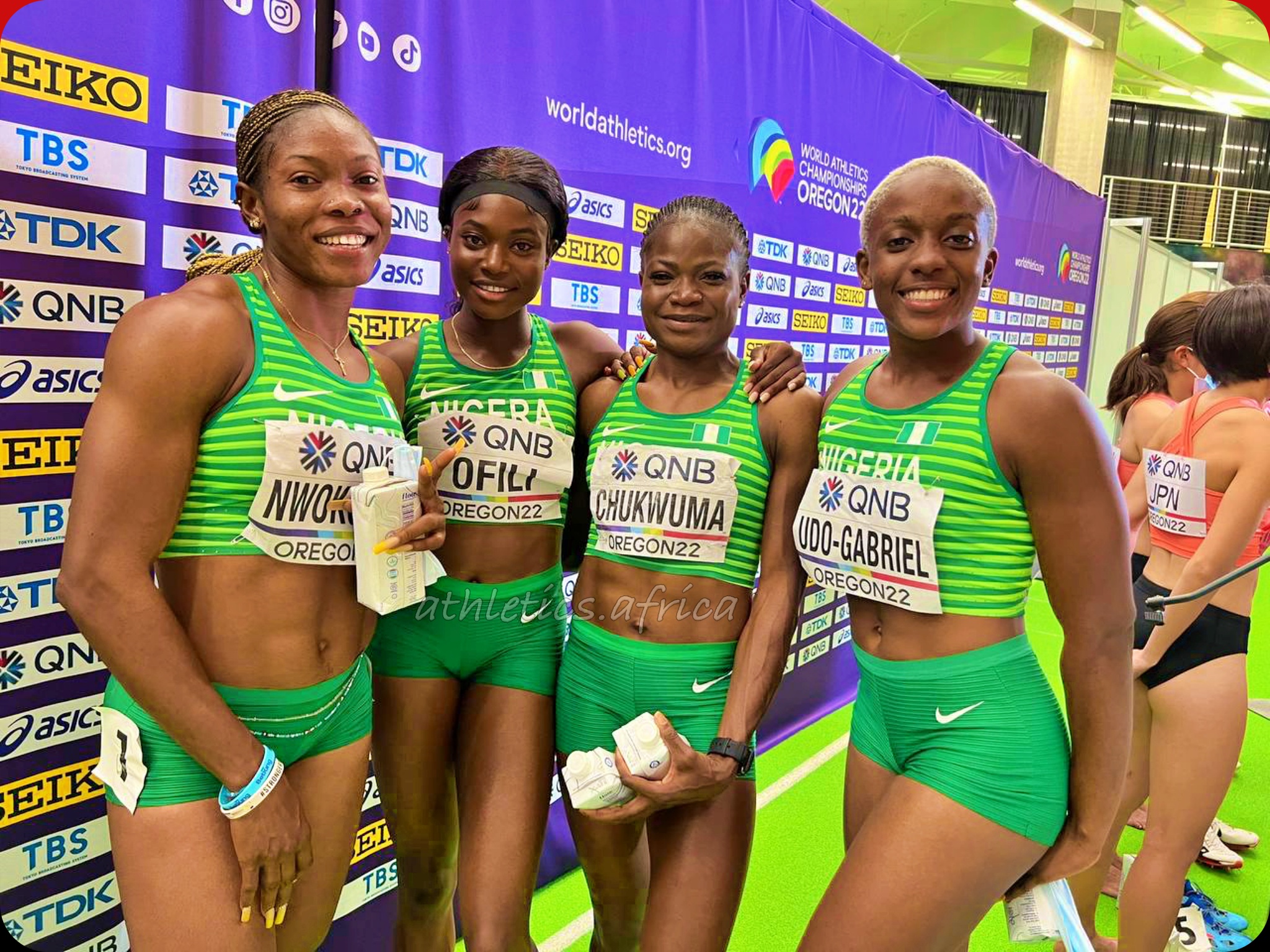 Team Nigeria 4x100m women quartet: Joy Chinenye Udo-Gabriel, Ofili, Rosemary Chukwuma and Nzubechi Grace Nwokocha / Photo credit: Lynne Wachira