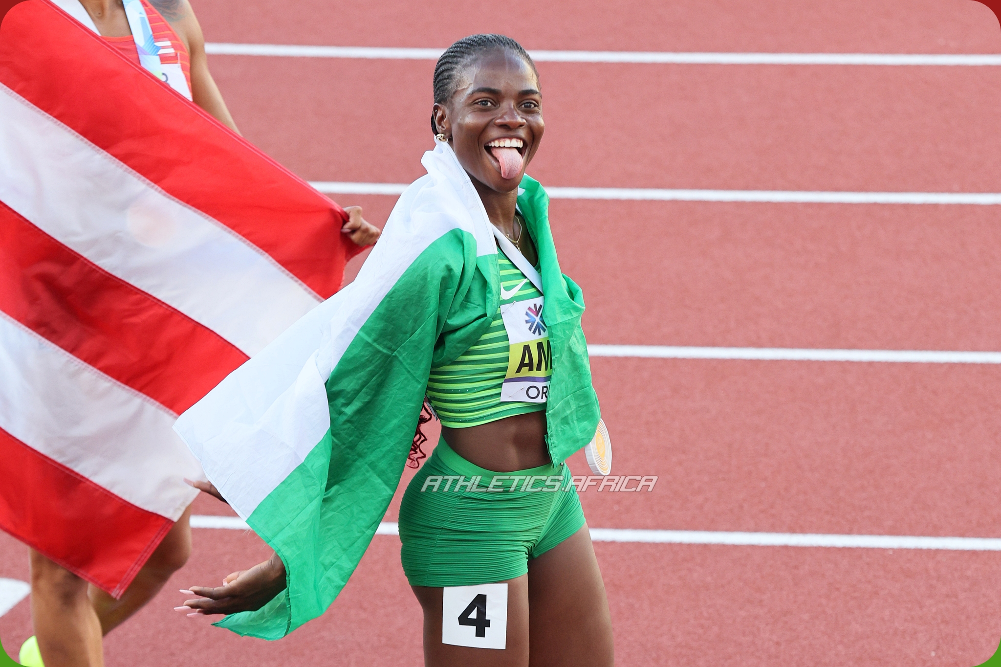 Tobi Amusan of Team Nigeria celebrates after winning gold in the Women's 100m Hurdles Final on day ten of the World Athletics Championships Oregon22 at Hayward Field on July 24, 2022 in Eugene, Oregon. (Photo by Andy Lyons/Getty Images for World Athletics)