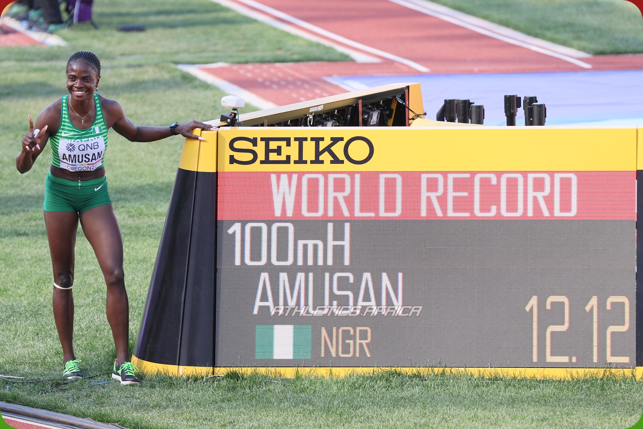 Tobi Amusan of Team Nigeria poses with her world record in the Women's 100m Hurdles Semi-Final on day ten of the World Athletics Championships Oregon22 at Hayward Field on July 24, 2022 in Eugene, Oregon. (Photo by Andy Lyons/Getty Images for World Athletics)