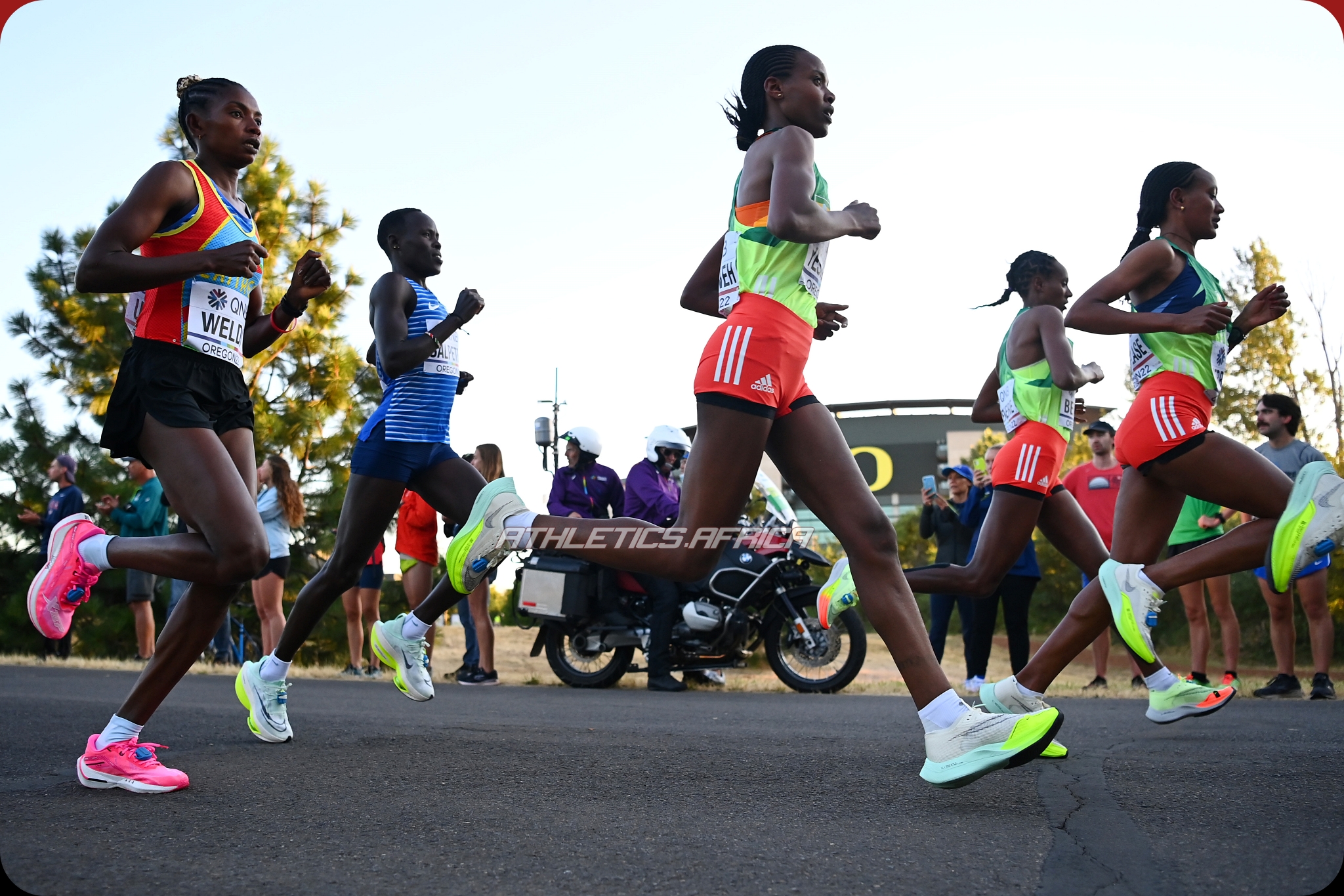 EUGENE, OREGON - JULY 18: Nazret Weldu of Team Eritrea and Ababel Yeshaneh of Team Ethiopia compete in the Women's Marathon on day four of the World Athletics Championships Oregon22 at Hayward Field on July 18, 2022 in Eugene, Oregon. (Photo by Hannah Peters/Getty Images for World Athletics)