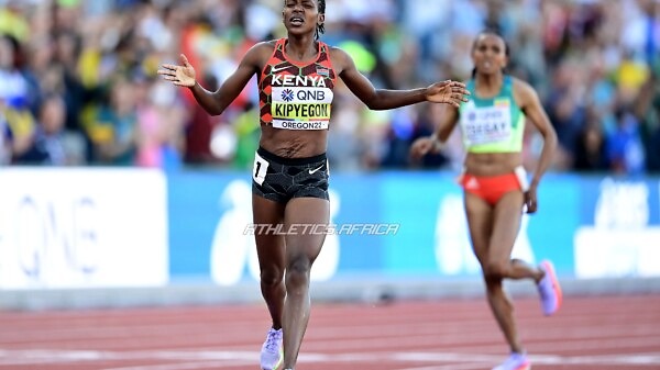 EUGENE, OREGON - JULY 18: Faith Kipyegon of Team Kenya reacts after competing in the Women's 1500m Final on day four of the World Athletics Championships Oregon22 at Hayward Field on July 18, 2022 in Eugene, Oregon. (Photo by Hannah Peters/Getty Images for World Athletics)