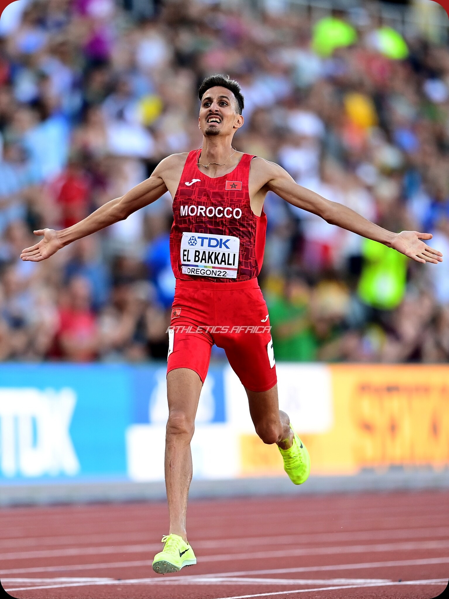 EUGENE, OREGON - JULY 18: Soufiane El Bakkali of Team Morocco reacts after competing in the Men's 3000m Steeplechase on day four of the World Athletics Championships Oregon22 at Hayward Field on July 18, 2022 in Eugene, Oregon. (Photo by Hannah Peters/Getty Images for World Athletics)