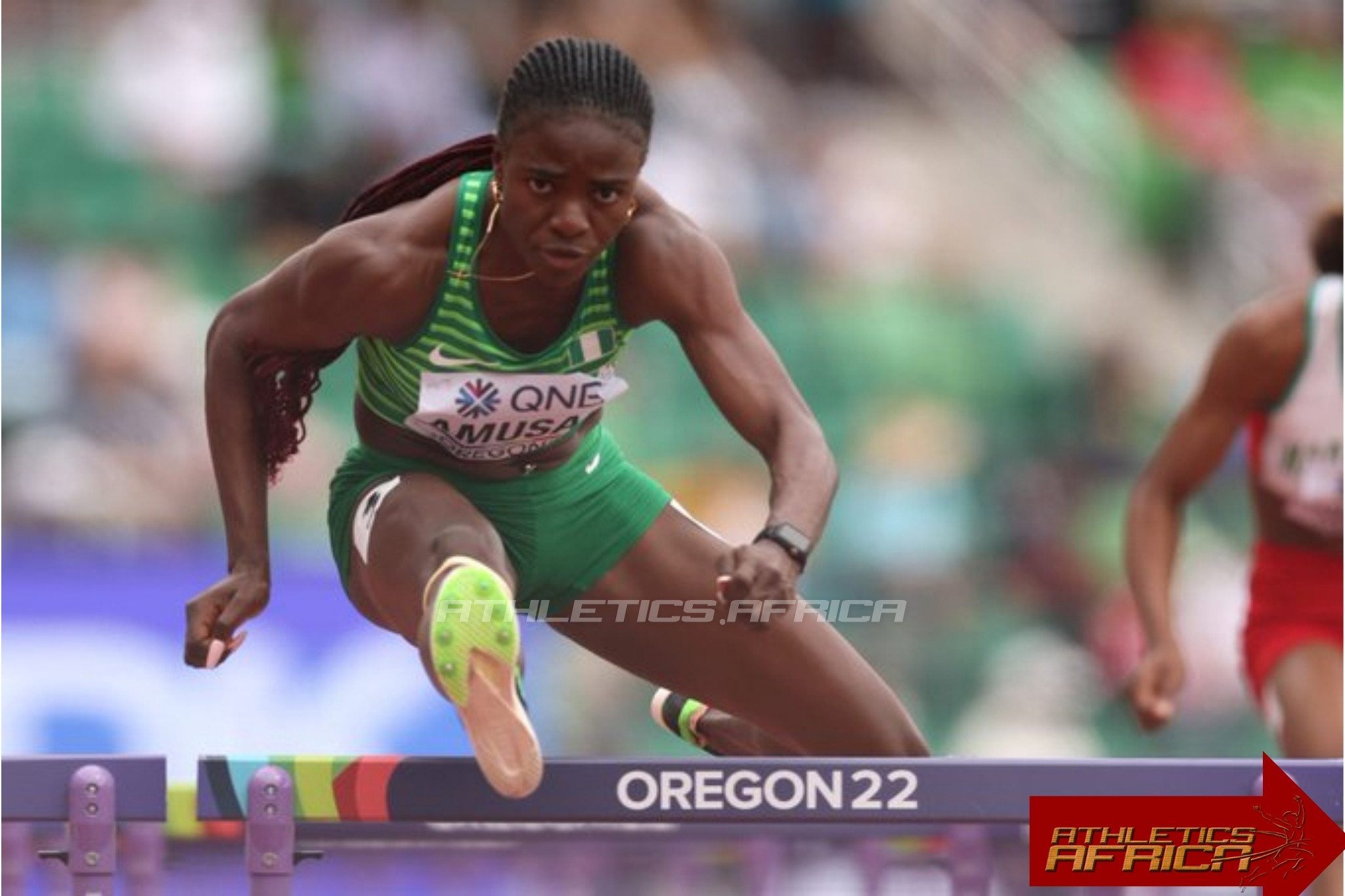 Oluwatobiloba Amusan of Nigeria setting an African record 12.40 secs in 100m hurdles women event on day nine of the World Athletics Championships Oregon22 at Hayward Field on July 23, 2022 in Eugene, Oregon / Photo: Getty Images for World Athletics