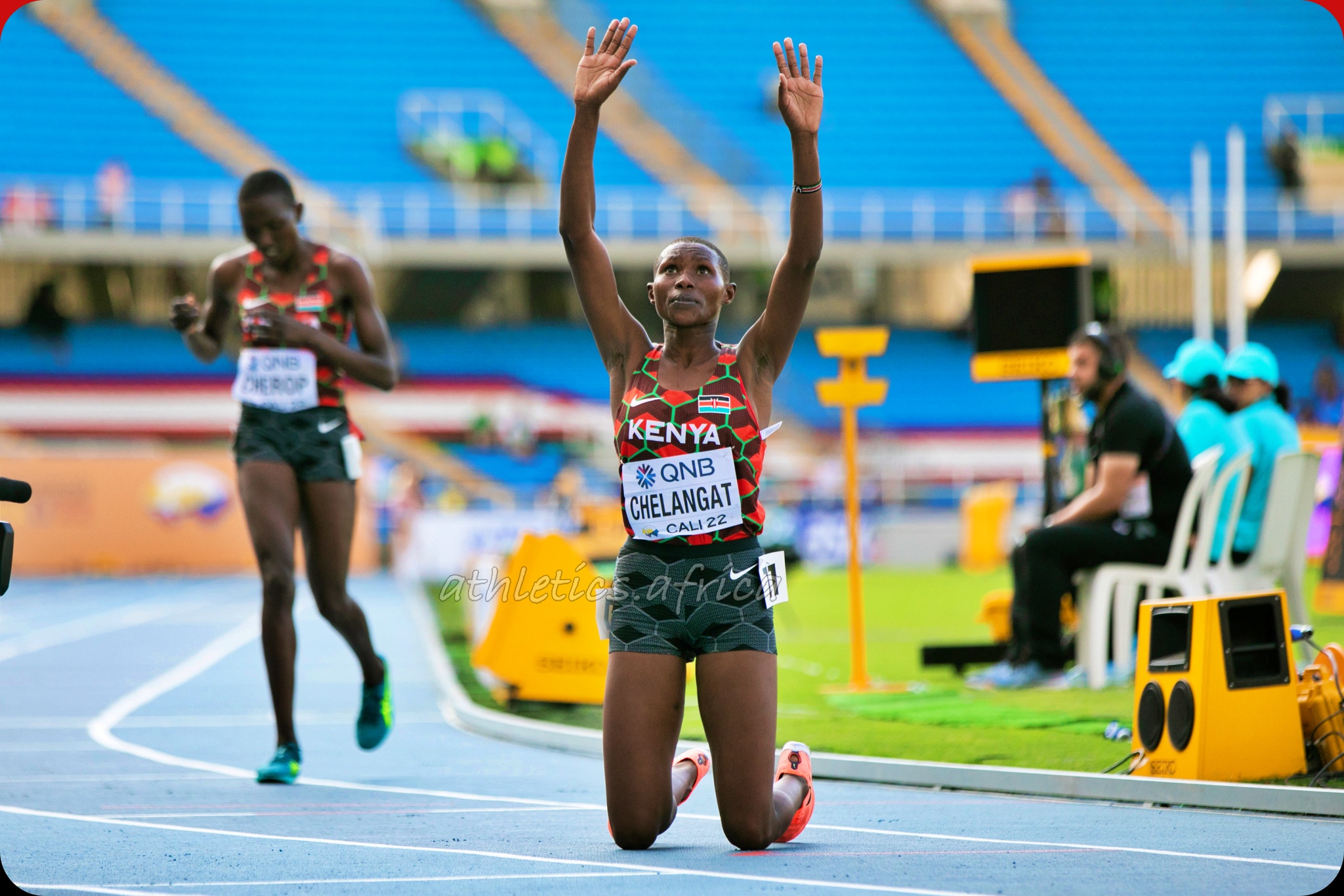 Kenya's Betty Chelangat celebrates her 3000m win at the World Athletics U20 Championships Cali 22 / Photo credit: Marta Gorczynska for World Athletics