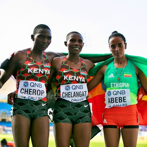Kenya's Betty Chelangat, Ethiopia’s Tsiyon Abebe and Kenya’s Nancy Cherop on the podium after the women's 3000m medal presentation at the World Athletics U20 Championships Cali 22 / Photo credit: Marta Gorczynska for World Athletics
