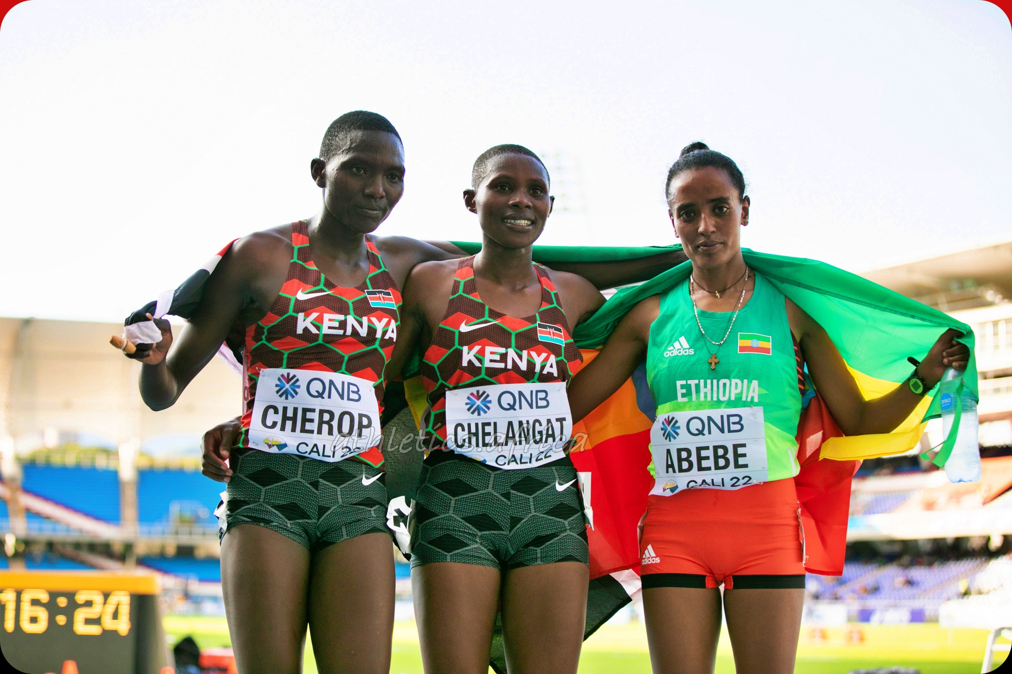 Kenya's Betty Chelangat, Ethiopia’s Tsiyon Abebe and Kenya’s Nancy Cherop on the podium after the women's 3000m medal presentation at the World Athletics U20 Championships Cali 22 / Photo credit: Marta Gorczynska for World Athletics