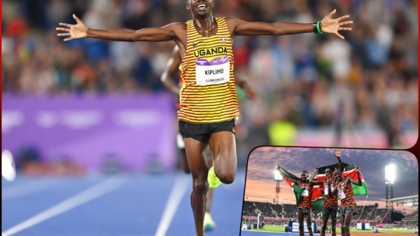 Jacob Kiplimo of Team Uganda celebrates winning the Gold medal as they cross the finish line in the Men's 10,000m Final on day five of the Birmingham 2022 Commonwealth Games at Alexander Stadium on August 02, 2022 in the Birmingham, England. (Photo by Michael Steele/Getty Images)