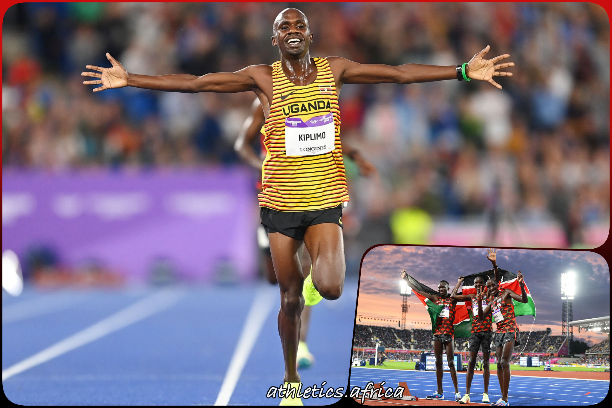 Jacob Kiplimo of Team Uganda celebrates winning the Gold medal as they cross the finish line in the Men's 10,000m Final on day five of the Birmingham 2022 Commonwealth Games at Alexander Stadium on August 02, 2022 in the Birmingham, England. (Photo by Michael Steele/Getty Images)