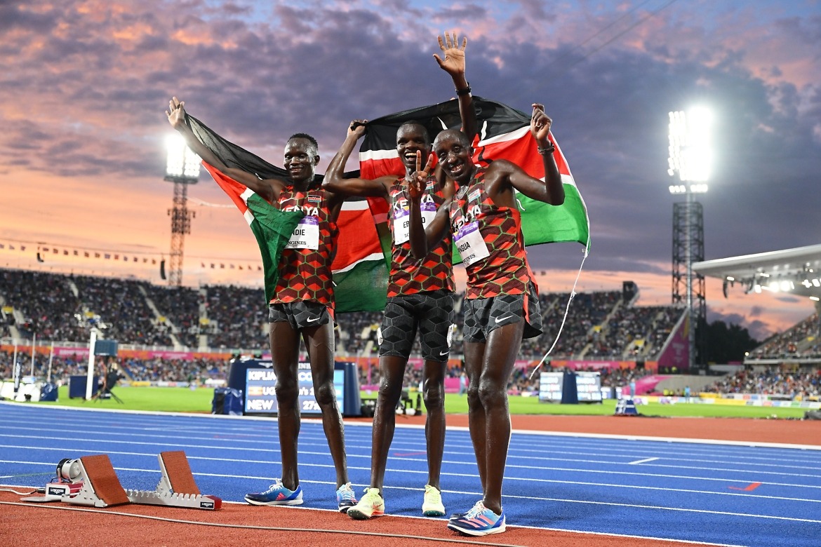 (L-R) Bronze Medalist Kibiwott Kandie, Silver Medalist Daniel Simiu Ebenyo and Edward Zakayo Pingua of Team Kenya celebrate following the Men's 10,000m Final on day five of the Birmingham 2022 Commonwealth Games at Alexander Stadium on August 02, 2022 in the Birmingham, England. (Photo by David Ramos/Getty Images)